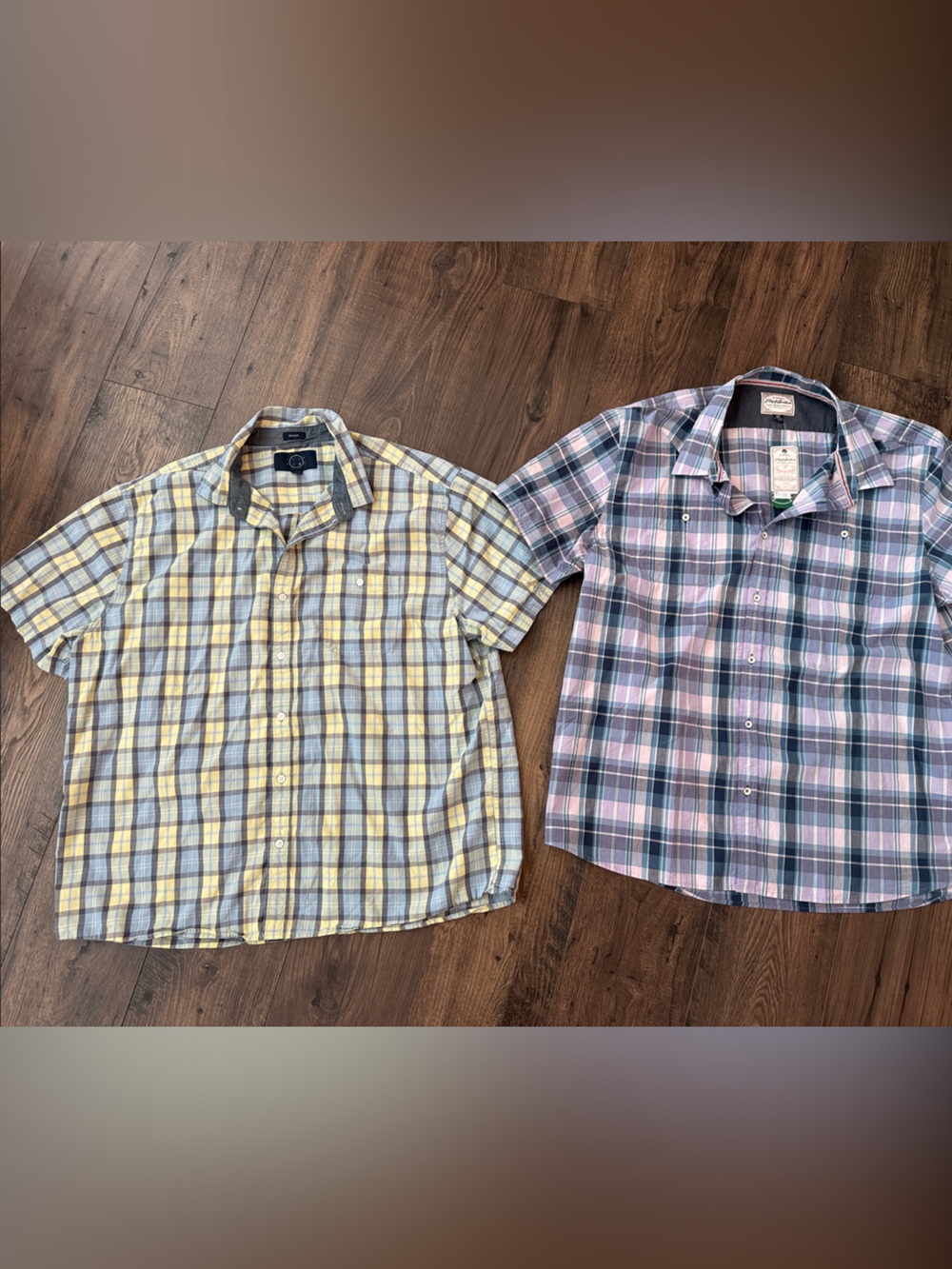 2 Men's Short-Sleeve Plaid Button-Up Shirts Yellow/Blue and Lavender/Navy
